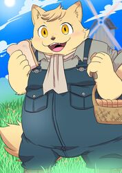  anthro basket boron_brioche bread clothing container cyberconnect2 domestic_cat felid feline felineko felis food fuga:_melodies_of_steel fur hi_res little_tail_bronx male mammal overalls overweight overweight_male picnic_basket scarf shirokumaou solo white_body white_fur yellow_eyes 