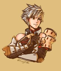  1boy addam_origo armor bare_shoulders commentary english_commentary gloves grey_hair highres issycake looking_afar male_focus pauldrons short_hair shoulder_armor simple_background solo tan_background twitter_username upper_body xenoblade_chronicles_(series) xenoblade_chronicles_2 xenoblade_chronicles_2:_torna_-_the_golden_country yellow_eyes 