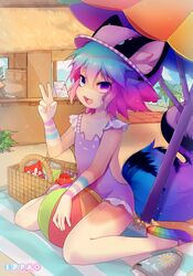  2017 5_fingers akari_(oncha) alternative_fashion anthro arms_bent ball basket beach beach_ball bent_legs big_ears biped black_markings black_tail blue_hair blue_tail canid canine clothed clothing container crossdressing dark_markings detailed_background dress duo fairy_kei femboy fingers fluffy fluffy_tail footwear fox gesture hair hand_gesture hi_res humanoid_hands inflatable j-fashion light_body light_skin male mammal markings multi_hair_tones multi_tone_tail multicolored_clothing multicolored_footwear multicolored_hair multicolored_tail oncha outside plantigrade purple_clothing purple_dress purple_hair purple_tail rainbow_clothing rainbow_footwear raised_hand sand seaside signature sitting solo_focus striped_markings striped_tail stripes tail tail_markings tan_body tan_skin v_sign violet_red_hair wariza 