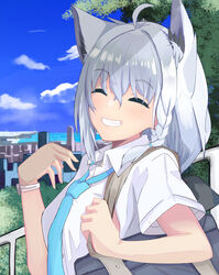  absurdres ahoge alternate_costume animal_ear_fluff animal_ears aqua_necktie bag blue_sky braid cloud collared_shirt commentary day female fox_ears grey_hair grin highres hitachi_sou hololive long_hair medium_hair necktie outdoors school_bag school_uniform shirakami_fubuki shirt short_sleeves side_braid sidelocks single_braid sky smile solo sunlight teeth upper_body virtual_youtuber watch white_shirt wristwatch 