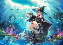  :o air_bubble algae bad_id bad_pixiv_id bare_shoulders black_coat black_footwear black_gloves black_hat black_skirt blue_eyes blue_flower braid bridal_gauntlets bubble coat coral crossed_bangs cube_hair_ornament detached_collar dice_hair_ornament female fish flower gem gloves grey_hair hair_ornament hat hat_flower highres holding holding_lantern lantern lighthouse long_hair long_sleeves magic off-shoulder_coat off_shoulder pleated_skirt shiki_no_akari sidelocks sitting sitting_on_object skirt socks solo stone talisman tomoshibi_no_majo two-sided_fabric two-sided_headwear underwater uonomeuroko very_long_hair water wide_sleeves witch witch_hat yellow_flower 