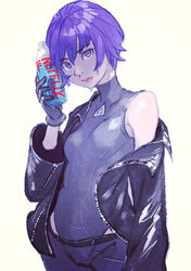  black_jacket bottle breasts cowboy_shot female ghost_in_the_shell ghost_in_the_shell:_sac_2045 gloves grey_gloves hand_up highres jacket kusanagi_motoko long_sleeves medium_breasts off_shoulder pomodorosa purple_eyes purple_hair short_hair simple_background solo white_background 