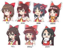  6+girls :3 :d anger_vein apron ascot benikurage_(cookie) black_hair blunt_bangs blush bow breasts bright_pupils brown_eyes brown_hair character_name closed_mouth clothes_writing collared_shirt commentary_request cookie_(touhou) detached_sleeves empty_eyes expressionless frilled_bow frilled_hair_tubes frilled_shirt_collar frills hair_between_eyes hair_tubes hairbow hakurei_reimu highres kanna_(cookie) large_breasts long_bangs long_hair medium_bangs medium_breasts medium_hair multiple_girls necktie noel_(cookie) open_mouth orange_scarf parted_bangs pink_apron red_bow red_eyes red_shirt reu_(cookie) rurima_(cookie) sananana_(cookie) sarashi scarf shiromiya_rei shirt short_hair sidelocks simple_background sleeveless sleeveless_shirt small_breasts smile sn_(zigzagspark6) striped_clothes striped_scarf swept_bangs teeth touhou upper_body upper_teeth_only white_background white_pupils white_scarf white_sleeves yellow_ascot yellow_eyes yellow_necktie yellow_scarf 