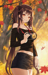  absurdres alternate_costume ass autumn autumn_leaves bare_shoulders black_shirt blurry breasts brown_hair camera casual cleavage commentary_request contemporary cowboy_shot crop_top depth_of_field falling_leaves female flower-shaped_pupils genshin_impact highres holding holding_camera hu_tao_(genshin_impact) hyonee leaf lens_flare lens_flare_abuse long_hair long_sleeves looking_at_viewer maple_leaf medium_breasts midriff navel off-shoulder_shirt off_shoulder outdoors red_eyes shirt short_shorts shorts smile solo symbol-shaped_pupils thighs twintails 