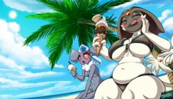  7:4 beach big_breasts bikini blush breast_size_difference breasts carbink clothing dessert diancie duo female fembink food generation_4_pokemon generation_6_pokemon harriett_(latiar) hi_res hybrid ice_cream latiar legendary_pokemon nintendo outside palm_tree plant pokemon pokemon_(species) seaside swimwear tongue tongue_out tree uxie 