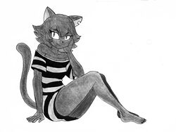  absurd_res anthro black_body black_fur black_hair bodily_fluids clothed clothing domestic_cat efradraws emale felid feline felis female fully_clothed fur graphite_(artwork) hair hi_res looking_at_viewer mammal marker_(artwork) monochrome notched_ear pencil_(artwork) sitting smile solo sweat sweatdrop teeth traditional_media_(artwork) yellow_eyes 