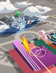  black_eyes calyrex_(ice_rider) cloud commentary_request copyright_name deerling floating glastrier highres mew_(pokemon) mountain no_humans poke_ball_print pokemon pokemon_(creature) pokemon_battle pokeyugami riding riding_pokemon sitting snow teddiursa 