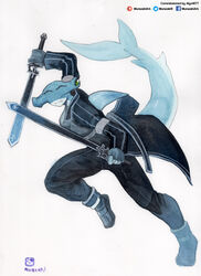  2021 absurd_res action_pose anthro biped breasts clothed clothing covered_breasts female fin fish fully_clothed ground_shark hammerhead_shark hi_res holding_object holding_weapon marine murazaki non-mammal_breasts painting_(artwork) pose shark simple_background solo traditional_media_(artwork) watercolor_(artwork) weapon white_background 