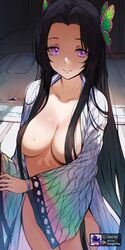  adult advertisement bedroom big_breasts black_hair breasts butterfly_hair_ornament covered_nipples demon_slayer haori kimetsu_no_yaiba kochou_kanae long_hair looking_at_viewer medium_ass mostly_nude purple_eyes smile smiling smiling_at_viewer very_long_hair 