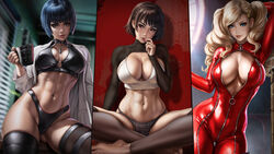  3girls abs absurd_res absurdres ann_takamaki arm_up athletic athletic_female atlus bangs barefoot big_breasts black_bikini black_bikini_bottom black_bikini_top black_bra black_clothes black_clothing black_hair black_panties black_underwear blonde_hair blue_eyes bodysuit bra breast_squish breasts brown_eyes brown_hair busty catsuit child_bearing_hips cleavage clothed clothed_female clothing coat cup cute_face dandon_fuga desk feet female female_focus female_only fit fit_female hair_ornament high_resolution highres hips holding_cup holding_mug huge_breasts indoors labcoat large_breasts latex latex_bodysuit latex_clothing light-skinned_female light_skin looking_at_viewer makoto_niijima megami_tensei mug navel office on_desk panties parted_lips persona persona_5 plaid_panties plaid_underwear red_background red_bodysuit red_clothes red_clothing red_eyes sfw short_hair shrug simple_background sitting sitting_down sitting_on_desk slim_girl slim_waist standing stirrup_legwear stirrups tae_takemi tank_top thick_thighs thighs toes toned toned_body toned_female toned_stomach underwear very_high_resolution white_clothing white_coat white_lab_coat white_tank_top 