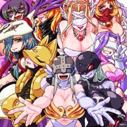  6+girls angewomon asymmetrical_clothes beelstarmon blonde_hair breasts brown_eyes cho-hakkaimon cleavage clothing_cutout colored_skin covered_eyes digimon digimon_(creature) eye_mask facial_mark fairimon gerusyu green_hair grey_hair grey_skin head_wings helmet highres hood ladydevimon large_breasts long_hair mask mervamon mouth_mask multiple_girls navel purple_hair purple_lips sakuyamon sanzomon stomach_cutout third_eye v venusmon wings 