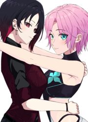  2girls bare_shoulders belt black_belt black_hair black_pants black_shirt blue_eyes breasts closed_mouth collared_shirt dress_shirt ear_piercing earrings from_side gradient_hair hand_on_another&#039;s_hip highres hug jewelry keikesu kisaragi_ren_(vtuber) long_sleeves looking_at_viewer medium_breasts multicolored_hair multiple_girls nijisanji pants parted_bangs piercing pink_hair red_eyes red_hair red_vest shirt short_hair shorts sideless_leotard sideless_outfit simple_background sleeves_rolled_up smile tomboy turtleneck vest virtual_youtuber vspo! white_background white_shorts yuri yuuhi_riri yuuhi_riri_(4th_costume) 