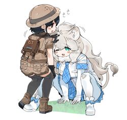  2girls :3 animal_ears backpack bag big_hair black_gloves black_hair black_thighhighs blue_bow blue_eyes blue_necktie blue_skirt blush boots bow brown_eyes brown_footwear captain_(kemono_friends) collared_shirt commentary elbow_gloves footwear_bow gloves hand_on_another&#039;s_head helmet highres jacket japari_symbol kemono_friends kemono_friends_3 lion_ears lion_girl lion_tail long_hair miniskirt multiple_girls necktie oerba_yun_fang one_eye_closed open_mouth pantyhose pith_helmet plaid plaid_necktie plaid_skirt plaid_trim pleated_skirt safari_jacket shirt short_hair short_sleeves skirt spawnfoxy squatting tail thighhighs uniform white_footwear white_gloves white_hair white_lion_(kemono_friends) white_pantyhose white_shirt 