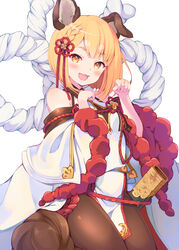  :d animal_ears bare_shoulders blonde_hair blush braid brown_pantyhose detached_sleeves dog_ears erune female granblue_fantasy hair_ornament highres japanese_clothes looking_at_viewer open_mouth pantyhose paw_pose pilokey rope sheath shimenawa short_hair simple_background smile solo vajra_(granblue_fantasy) white_background wide_sleeves 