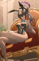  absurdres animal_ears bad_id bad_pixiv_id bare_arms bare_shoulders black_hair black_leotard black_pantyhose blue_archive blue_bow blue_bowtie bow bowtie breasts closed_mouth commentary couch covered_navel crossed_legs dark-skinned_female dark_skin detached_collar expressionless fake_animal_ears feet_out_of_frame female fishnet_pantyhose fishnets gloves goeleu hair_intakes halo high_ponytail highleg highleg_leotard highres indoors karin_(blue_archive) karin_(bunny)_(blue_archive) large_breasts leotard long_hair long_legs looking_at_viewer narrow_waist number_tattoo official_alternate_costume official_alternate_hairstyle on_couch pantyhose playboy_bunny ponytail purple_halo rabbit_ears shoulder_tattoo sidelocks sitting skin_tight solo strapless strapless_leotard tattoo traditional_bowtie very_long_hair white_gloves wrist_cuffs yellow_eyes 