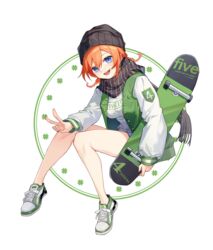  :d bare_legs beanie black_hat black_scarf blue_eyes braid clover commentary double-parted_bangs female four-leaf_clover full_body go-toubun_no_hanayome green_vest hair_between_eyes hat highres holding holding_skateboard long_sleeves looking_at_viewer low_twin_braids nakano_yotsuba no_socks open_clothes open_vest orange_hair scarf shirt shoes sidelocks skateboard smile sneakers solo twin_braids v vest white_background white_footwear white_shirt yunweishukuang 