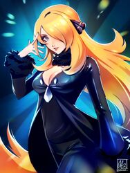  alina_l black_coat black_pants black_shirt blonde_hair blue_background breasts cleavage coat commentary cowboy_shot cynthia_(pokemon) female fur-trimmed_coat fur_collar fur_trim grey_eyes hair_ornament hair_over_one_eye highres long_hair looking_at_viewer medium_breasts pants pokemon pokemon_dppt shirt signature solo twitter_username very_long_hair watermark 