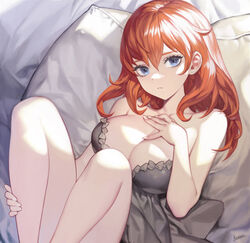  absurdres bare_legs bare_shoulders black_dress blue_eyes breasts cleavage closed_mouth dress empire_waist eyebrows_hidden_by_hair feet_out_of_frame female hand_on_own_chest high-waist_dress highres ki_min-woo large_breasts legs_up long_hair looking_at_viewer lying on_back original pillow red_hair signature solo strapless strapless_dress 