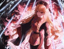  ap5ry aura blonde_hair blush breasts brown_sash chinese_clothes commentary_request energy eyes_visible_through_hair female fox_print fox_tail gold_trim hair_between_eyes highres junko_(touhou) large_breasts long_hair long_sleeves looking_at_viewer multiple_tails neck_ribbon obi outstretched_arms parted_lips phoenix_crown print_tabard ribbon sash smile solo standing tabard tail tassel touhou wide_sleeves yellow_eyes yellow_ribbon 