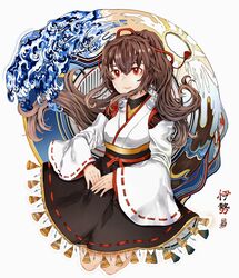  adapted_costume alternate_sleeve_length brown_eyes brown_hair brown_hakama female full_body hair_ribbon hakama highres ise_(kancolle) ise_kai_ni_(kancolle) japanese_clothes jitsukawa_ashi kantai_collection long_hair ponytail ribbon solo undershirt 