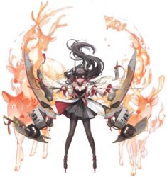  animal azur_lane black_dress black_hair black_pantyhose breasts coat deer dress female fire floating_hair hatsuzuki_(azur_lane) headgear highres holding holding_sword holding_weapon horns katana long_hair long_sleeves looking_at_viewer nekojira official_art pantyhose platform_footwear platform_heels red_eyes red_footwear rigging sakura_empire_(emblem) short_dress small_breasts solo sword turret very_long_hair weapon white_coat 