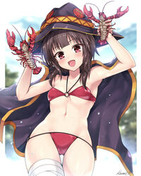  2others ass_visible_through_thighs bandaged_leg bandages bikini black_cape black_hair blue_sky breasts cape cloud commentary_request cowboy_shot day female hat highres kasai_shin kono_subarashii_sekai_ni_shukufuku_wo! lobster looking_at_viewer megumin multiple_others o-ring o-ring_bikini o-ring_top open_mouth outdoors red_bikini red_eyes short_hair sky small_breasts smile swimsuit witch_hat 