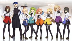  1boy 6+girls absurdres ahoge aora aozaki_aoko apron aqua_eyes arcueid_brunestud artoria_pendragon_(fate) bad_id bad_twitter_id black_apron black_bow black_eyes black_hair black_pants black_pantyhose black_skirt blonde_hair blue_apron blue_eyes blue_hair bow bowtie braid breasts brown_hair closed_mouth collared_shirt cu_chulainn_(fate) cu_chulainn_(fate/stay_night) cup dress_shirt earrings fate/stay_night fate_(series) french_braid full_body green_eyes green_hair grin hair_between_eyes hand_on_own_hip hands_on_own_hips hibino_hibiki highres jewelry kara_no_kyoukai katsuragi_chikagi large_breasts long_hair long_sleeves looking_at_viewer looking_back mahou_tsukai_no_hako mahou_tsukai_no_yoru medium_breasts multiple_girls necktie official_alternate_costume one_eye_closed one_side_up open_mouth orange_apron orange_eyes orange_hair pants pantyhose parody ponytail purple_apron red_apron red_eyes ryougi_shiki saber_(fate) shirt short_hair sidelocks skirt sleeves_rolled_up small_breasts smile spiked_hair style_parody sugata_sunao takeuchi_takashi_(style) teacup teapot tray tsukihime twintails type-moon waist_apron white_shirt yellow_apron 