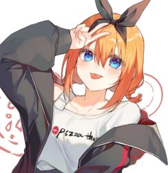  :p arm_up black_coat black_hairband blue_eyes blush bow braid brand_name_imitation coat collarbone commentary double-parted_bangs dutch_angle female go-toubun_no_hanayome hair_between_eyes hairband hairbow long_sleeves looking_at_viewer low_twin_braids medium_hair multicolored_coat nakano_yotsuba orange_hair pizza_hut shirt simple_background solo tongue tongue_out twin_braids upper_body v white_background white_shirt yunweishukuang 