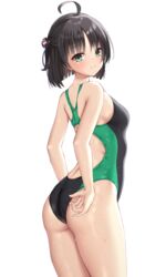  absurdres adjusting_clothes adjusting_swimsuit ahoge ass black_hair black_one-piece_swimsuit breasts competition_swimsuit cowboy_shot female from_behind green_eyes highres hitachi_mako looking_at_viewer medium_breasts ncontrail_(mgax7527) one-piece_swimsuit senren_banka short_hair simple_background solo standing swimsuit two-tone_swimsuit white_background 