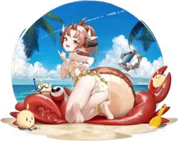  :d ahoge animal_print anklet ass azur_lane bare_shoulders barefoot beach bikini bird bird_print blue_sky blush braid brown_eyes brown_hair chick cloud day dragon_girl dragon_horns dragon_tail feet female flat_chest frilled_bikini frills from_behind hair_ribbon highres hiranuma_(azur_lane) horns index_finger_raised inflatable_crab izuru_(timbermetal) jewelry kneeling legs long_hair looking_at_viewer looking_back manjuu_(azur_lane) nail_polish natori_(azur_lane) natori_(beach_paradise)_(azur_lane) ocean oerba_yun_fang official_alternate_costume official_art open_mouth outdoors palm_leaf palm_tree parted_bangs pointy_ears ponytail red_nails ribbon sand sky smile smug soles solo_focus swimsuit tail thighs toes tree v-shaped_eyebrows water white_ribbon 