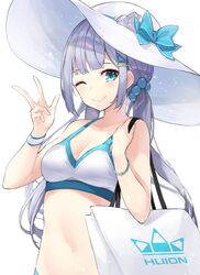  bag bare_arms bare_shoulders bikini blue_eyes bow breasts cleavage closed_mouth collarbone female hair_bobbles hair_ornament hairclip hand_up hat hat_bow highres huion long_hair looking_at_viewer low_twintails medium_breasts navel one_eye_closed paper_bag silver_hair smile solo star741 stomach sun_hat swimsuit twintails upper_body w white_background white_bikini white_headwear wristband 