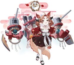  ahoge artillery azur_lane bare_shoulders black_skirt bow braid braided_bun breasts brown_dress brown_eyes brown_hair cannon choker collarbone detached_sleeves double_bun dragon_girl dragon_horns dragon_tail dress female full_body hair_bun hair_ornament hair_ribbon hakama hakama_short_skirt hakama_skirt highres hiranuma_(azur_lane) horns izuru_(timbermetal) japanese_clothes kimono leaning_forward long_sleeves looking_at_viewer machinery natori_(azur_lane) oerba_yun_fang off_shoulder official_art open_mouth orange_eyes orange_hair pleated_dress pleated_skirt pointy_ears red_kimono ribbon rigging rope sakura_empire_(emblem) sandals shide shimenawa short_eyebrows skirt sleeves_past_fingers sleeves_past_wrists small_breasts smile socks solo standing tabi tail torpedo_tubes turret twintails white_socks wide_sleeves zouri 