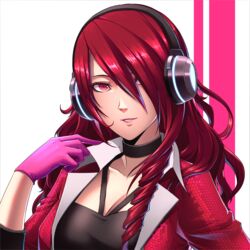  absurdres black_choker black_hairband black_shirt breasts choker cleavage collarbone drill_hair female gloves hair_between_eyes hair_over_one_eye hair_over_shoulder hairband headphones highres jacket kirijou_mitsuru large_breasts long_hair long_sleeves looking_at_viewer open_clothes open_jacket parted_lips persona persona_3 persona_3:_dancing_moon_night persona_dancing pink_gloves red_eyes red_hair red_jacket red_lips shirt solo sthreep upper_body 