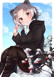  alternate_costume american_beaver_(kemono_friends) animal_ears beaver_ears black_collar black_footwear black_pantyhose blue_sky blurry blurry_foreground boots brown_eyes casual cloud cloudy_sky collar commentary contemporary day depth_of_field female grey_hair hair_ornament hairclip hand_in_own_hair highres hood hood_down hooded_coat kemono_friends kinou_no_shika knee_boots long_sleeves looking_at_viewer miniskirt multicolored_hair open_mouth outdoors outside_border pantyhose parted_bangs pleated_skirt short_hair sitting skirt sky smile snow solo white_hair white_skirt 