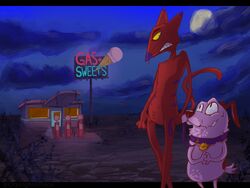  0rpington 4:3 anthro beagle big_eyes black_ears black_eyebrows black_eyes black_nose black_spots bodily_fluids canid canine canis cartoon_network clasped_hands clenched_teeth cloud collar collar_only courage_the_cowardly_dog courage_the_cowardly_dog_(character) dark detailed_background dirt domestic_cat domestic_dog door duo english_text eye_contact eyebrows felid feline felis fur gas_station hi_res holding_leash holding_object hungry hunting_dog interspecies katz_(courage_the_cowardly_dog) leash light looking_at_another looking_back looking_down looking_up male male/male mammal markings moon moonlight night nude pink_body pink_fur plant pupils purple_ears purple_nose red_body red_fur romantic romantic_couple scent_hound shrub sign size_difference sky slit_pupils spots spotted_body spotted_fur spotted_markings standing store striped_body striped_fur striped_markings stripes sweat sweatdrop tail tail_motion tailwag teeth text thick_eyebrows whiskers window yellow_sclera 