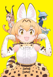  1boy 2girls :d :o animal_ears animal_print backpack bag belt black_shirt blonde_hair blue_eyes blue_footwear blue_vest bow bowtie caracal_(kemono_friends) dot_nose drawing green_hair happy hat hat_feather highres kemono_friends kemono_friends_2 kyururu_(kemono_friends) leaning_forward looking_at_viewer multicolored_hair multiple_girls official_art open_mouth orange_bow orange_bowtie orange_hair orange_skirt ponytail poster_(object) print_bow print_bowtie serval_(kemono_friends) serval_print shirt sitting sketchbook skirt sleeveless sleeveless_shirt smile tail third-party_edit traditional_bowtie vest white_shirt yellow_background yellow_bow yellow_bowtie yellow_eyes yoshizaki_mine 