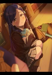  black_sailor_collar black_serafuku black_shirt black_socks blue_hair blurry blurry_foreground blush box brown_footwear collarbone collared_shirt commentary_request crying crying_with_eyes_open female film_grain gift gift_box grey_skirt hair_ornament heart-shaped_box highres holding holding_box honzuki_no_gekokujou kneehighs library long_hair long_sleeves looking_at_viewer miniskirt myne_(honzuki_no_gekokujou) parted_bangs pleated_skirt pov sailor_collar sailor_shirt school_uniform serafuku shirt skirt socks solo_focus tears very_long_hair yellow_eyes yumeha_tseru 