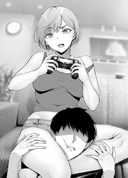  1boy asphyxiation blurry blurry_background bob_cut casual commentary_request controller couch faceless faceless_male female game_controller gentsuki greyscale hands_on_thighs headlock highres monochrome off_shoulder open_mouth original playing_games scissorhold short_hair short_shorts shorts sitting straight strangling textless_version tomboy_(gentsuki) 