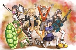  6+girls african_penguin_(kemono_friends) animal_ears black_eyes black_gloves black_hair common_raccoon_(kemono_friends) coyopotato coyote_(kemono_friends) gloves highres humboldt_penguin_(kemono_friends) island_fox_(kemono_friends) kani_misomiso kemono_friends kemono_friends_v_project long_hair looking_at_viewer multicolored_hair multiple_girls necktie pien_(game) pien_(pien) red-eared_slider_(kemono_friends) shirt shoes simple_background skirt smile tail virtual_youtuber white_shirt 