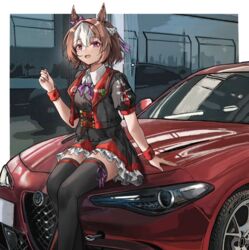  alfa_romeo alfa_romeo_giulia animal_ears belt black_jacket black_skirt black_thighhighs black_vest bow braid car collared_shirt crown_braid ear_bow female fr-ee-dom highres horse_ears horse_girl jacket looking_at_viewer motor_vehicle multicolored_hair neck_ribbon on_vehicle open_mouth purple_bow purple_eyes purple_ribbon red_belt red_car ribbon shirt short_hair sitting skirt smile solo special_week_(umamusume) streaked_hair thighhighs umamusume vest white_hair white_shirt wristband 