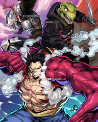  3boys abs armor black_hair black_jacket caiman_(dorohedoro) chamba collaboration crossover dorohedoro dual_wielding edwin_huang english_commentary furry furry_male gear_fourth gear_fourth:_boundman glowing glowing_eye goblin_slayer goblin_slayer! haki helmet highres holding holding_sword holding_weapon hood hooded_jacket jacket lizardman long_vo making-of_available male_focus monkey_d._luffy multiple_boys muscular muscular_male one_piece open_hand pectorals red_eyes rope_necklace smile smoke sword twitter_username visor_(armor) weapon 