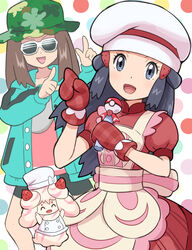  2girls alcremie alcremie_(strawberry_sweet) apron bike_shorts black_hair brown_hair buttons chef_hat collarbone commentary_request dawn_(palentine&#039;s_2021)_(pokemon) dawn_(pokemon) dress eyelashes green_headwear green_jacket grey_eyes hat head_tilt holding index_finger_raised jacket leaf_(pokemon) leaf_(sygna_suit)_(pokemon) long_sleeves looking_at_viewer microphone mittens multiple_girls official_alternate_costume open_mouth pink_shirt pokemoa pokemon pokemon_(creature) pokemon_masters_ex polka_dot polka_dot_background red_dress red_mittens shirt short_sleeves smile sunglasses tongue 