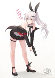  absurdres animal_ears bare_legs bent_over black_bow black_bowtie black_footwear black_jacket black_skirt bow bowtie closed_mouth commission dress_shirt fake_animal_ears female five-seven_(girls&#039;_frontline) floating_hair fn_five-seven full_body girls&#039;_frontline grey_hair gun hair_between_eyes hair_ornament handgun high_ponytail highres holding holding_gun holding_weapon jacket long_hair long_sleeves looking_at_viewer miniskirt open_clothes open_jacket pleated_skirt rabbit_ears shirt simple_background skirt sleeveless sleeveless_shirt smile solo standing sthreep thigh_strap very_long_hair weapon white_background white_shirt yellow_eyes 