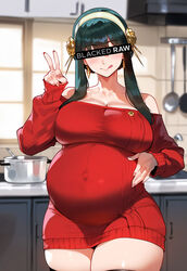  1girls ai_generated big_belly big_breasts blacked blush censor_bar censored_eyes clothed covered_eyes female female_only floox holding_belly kitchen licking_lips milf peace_sign pink_nails pregnant pregnant_belly smiling solo spy_x_family thiccwithaq_(ai_style) thick_thighs tight_clothing v yor_briar yor_forger 