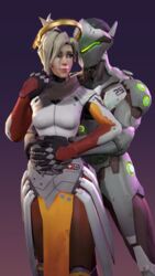  1boy 1girls 3d 3d_(artwork) 3d_model angela_ziegler blizzard_entertainment bodysuit clothed darknessringo female/male genji genji_shimada happy heterosexual japanese loving_couple male/female mercy middle_aged middle_aged_female overwatch overwatch_2 romantic_ambiance romantic_couple straight swiss together 