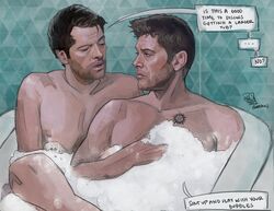  2boys actor angel artist_signature bara bath bathing bathing_together bathtub beard beard_stubble biceps black_hair brown_hair bubble bubbles castiel castiel_(supernatural) celebrity chest_tattoo couple dean_winchester duo facial_hair freckles funny gay gay_couple human humor in_character jackiedeeart jensen_ackles light-skinned_male light_skin looking_at_another looking_at_partner male male/male male_only misha_collins muscles muscular muscular_male naked naked_male nipples nude nude_male occult_symbol open_mouth pecs pentagram realistic speech speech_bubble stubble supernatural_(series) tattoo text text_bubble yaoi 