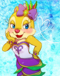  2013 abstract_background accessory anthro blue_background blue_eyes blush bow_(feature) bow_accessory bow_ribbon chip_&#039;n_dale chipmunk clarice_(disney) clothed clothing derimiko digital_media_(artwork) disney dress eyelashes female fur ground_squirrel hair_accessory hair_ribbon hairbow half-closed_eyes hand_on_face hand_on_hip heart_symbol low_res mammal narrowed_eyes open_mouth open_smile red_nose ribbons rodent sciurid simple_background smile solo tan_body tan_fur 