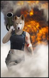  anthro armor bandage belt blood blood_on_arm blood_on_bandage blood_on_face bodily_fluids border bottomwear bullet_wound bulletproof_vest canid canine canis clothed clothing cosmiclife dingo explosion female fire fur gun hi_res holding_gun holding_object holding_ranged_weapon holding_weapon holster intimidation looking_at_viewer mammal midriff nosebleed ranged_weapon rocket_launcher sand shorts smoke solo tan_body tan_fur watermark weapon wounded 