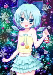  alternate_costume bad_id bad_pixiv_id bare_shoulders blue_eyes blue_hair bow casual charm_(object) cirno female hairbow midriff momose_rin oerba_yun_fang open_mouth santa_claus short_hair skirt solo strapless touhou 