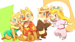  2014 4_fingers aloha_shirt anthro arm_grab black_nose blonde_hair blue_eyes blush boa_(clothing) bottomless brown_body brown_fur cheek_tuft chip_&#039;n_dale chip_&#039;n_dale_rescue_rangers chip_(disney) chipmunk clarice_(disney) clothed clothing dale_(disney) derimiko digital_media_(artwork) disney dress eye_contact eyelashes eyewear facial_tuft fedora female fingers flower fur gadget_hackwrench goggles ground_squirrel group hair hat headgear headwear jacket looking_at_another male male/female mammal mouse murid murine nervous one_eye_closed open_clothing open_jacket open_mouth open_smile open_topwear pattern_clothing pattern_shirt pattern_topwear pink_nose plant red_nose rodent romantic romantic_couple sciurid shirt simple_background smile tan_body tan_fur topwear tuft white_background wink 